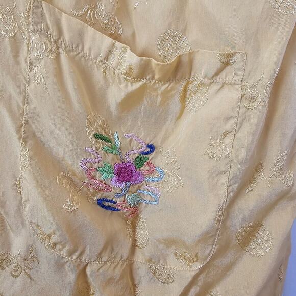 Vintage Golden Bee Chinese Yellow Embroidered Floral Satin Rayon Robe Kimono - Picture 4 of 11